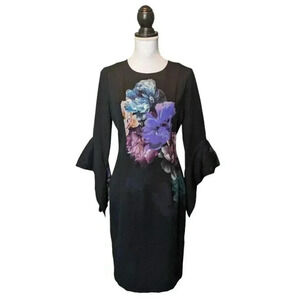Black Halo Lorie Black Floral Bell Sleeve Sheath Dress Size 6 Career 3/4 Sleeve